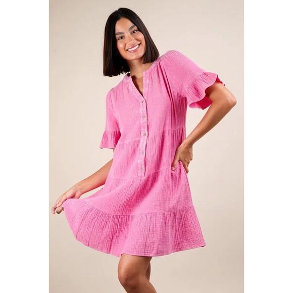 New In Womens L Pink Barbie Gauze Flutter Sleeve Popover Button Cover Up Dress - Picture 1 of 6